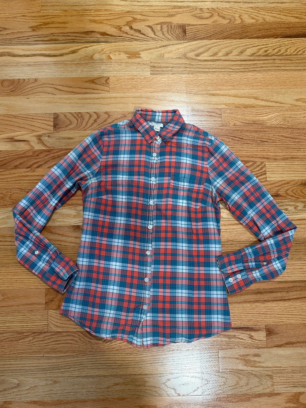 J.Crew Women’s XS Plaid Button Down Shirt Coral Teal Blue Lightweight